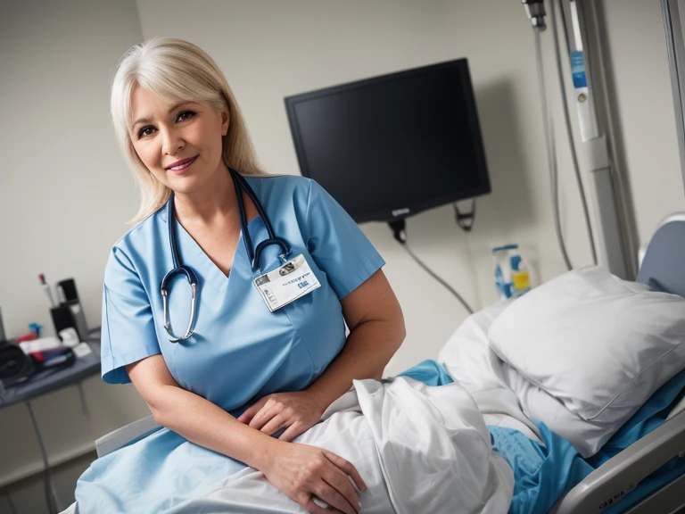 masterpiece, high quality, realistic skin texture, a 70 year old female nurse in a hospital, she has a full-figured plus-size figure with a special emphasis on her large bust (at least a size 4) and curved hips, blond hair closer to gray, blue eyes, looking at the camera, a slight smile  photorealistic, 8k, canon 5d

The background should depict a hospital room with various medicines
