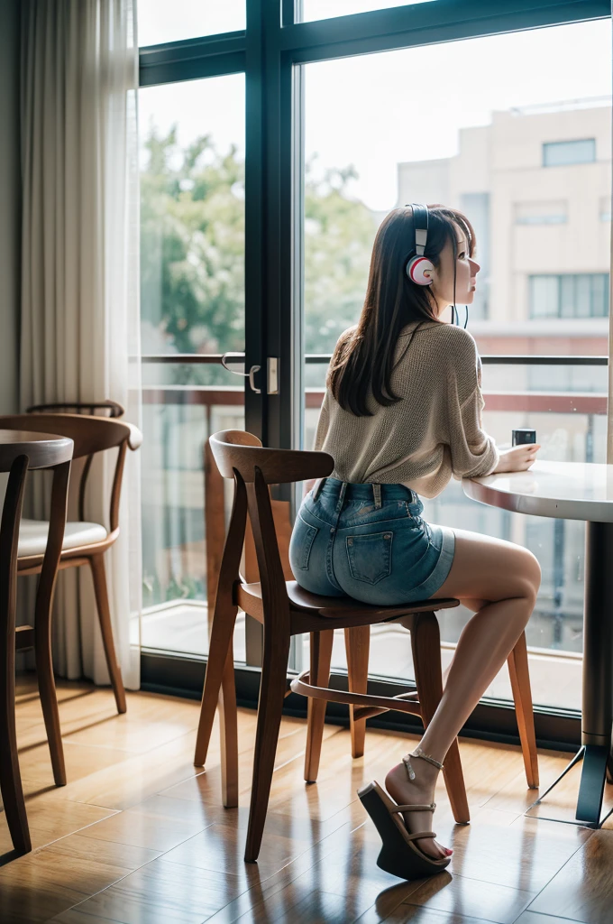 ((Highest quality, 8K, masterpiece: 1.3)),RAW Photos,Realistic atmosphere,Lens flare, Ray Tracing,(Detailed beautiful white skin:1.3),Beautiful Japanese, shiny light brown hair,Beautiful breasts,(Sexy facial mole),A stylish cafe with lots of sunshine,Sitting in a high chair and listening to music with earphones,Angle from the ground、Angle from behind、Beautiful calves and thighs、Sandals、camisole、Shorts