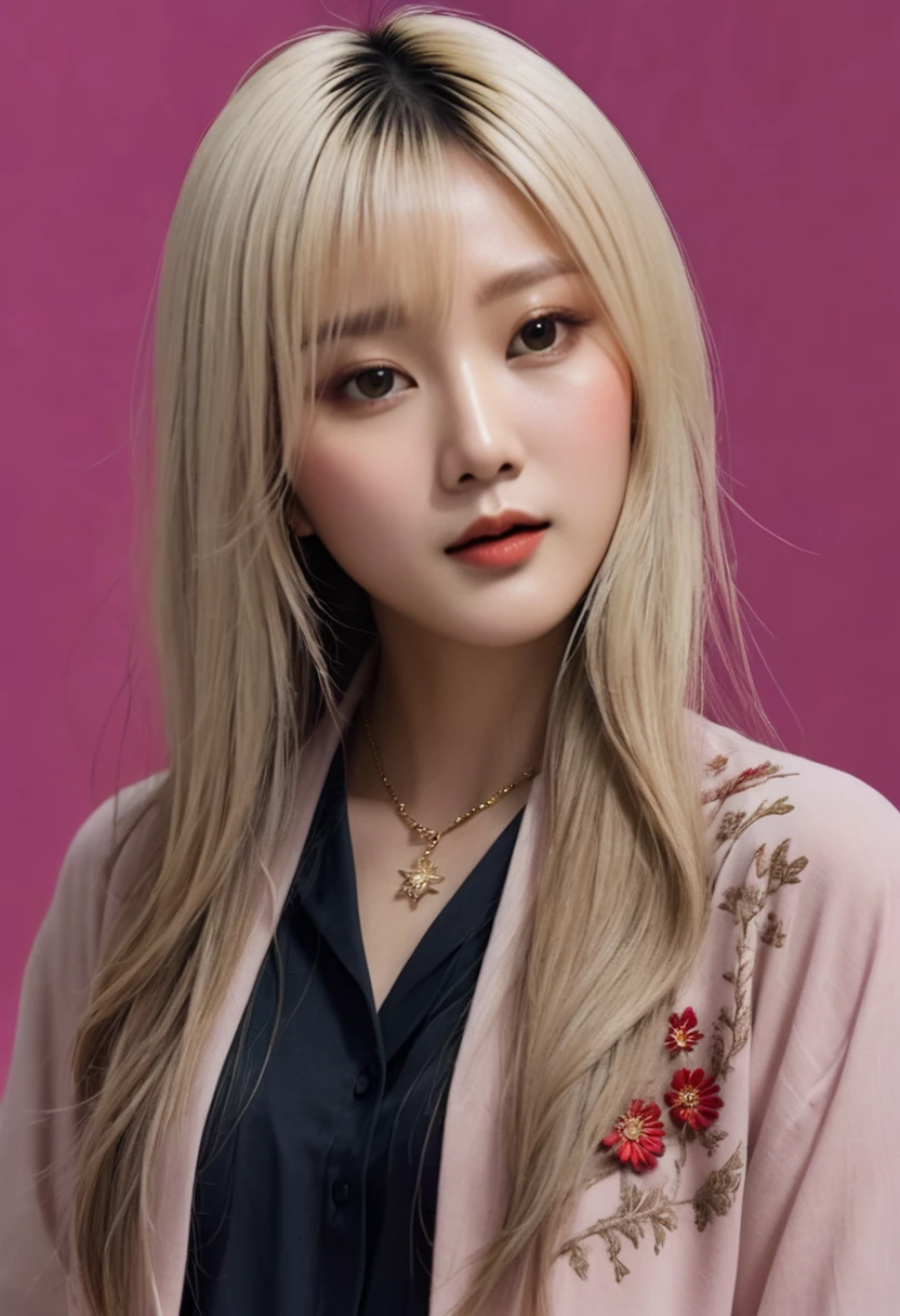 Extra detailed body, Beautiful Asian woman with long black blond straight hair, Neath, The face is rich in detail, best quality: 1.2)、woman、Looking at the audience、(weird fashion、dried flower、necklace, Soft clothes、Asymmetry)、(Colorful walls