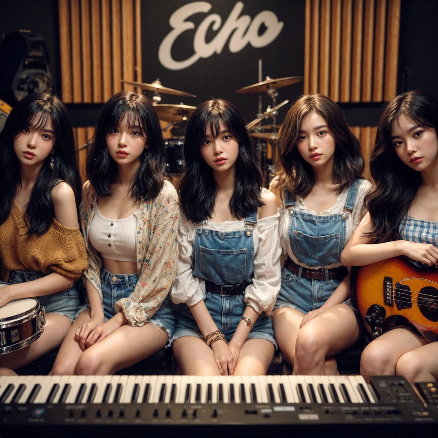 **Photo of 5 beautiful girls, aged 18 to 20, sitting:**

- **3 girls with messy black hair**
- **1 girl with wavy bob black hair**
- **1 girl with a black ponytail**

One girl is playing the drums, one girl is playing the piano, one girl is playing the bass guitar, one girl is playing the guitar, and one girl is singing. They are sitting behind a board with the word "ECHO" written on it. The background is a music studio, complete with drums, guitars, bass guitar, and piano. The image is ultra HD, 4k, photorealistic, raw, and a masterpiece.