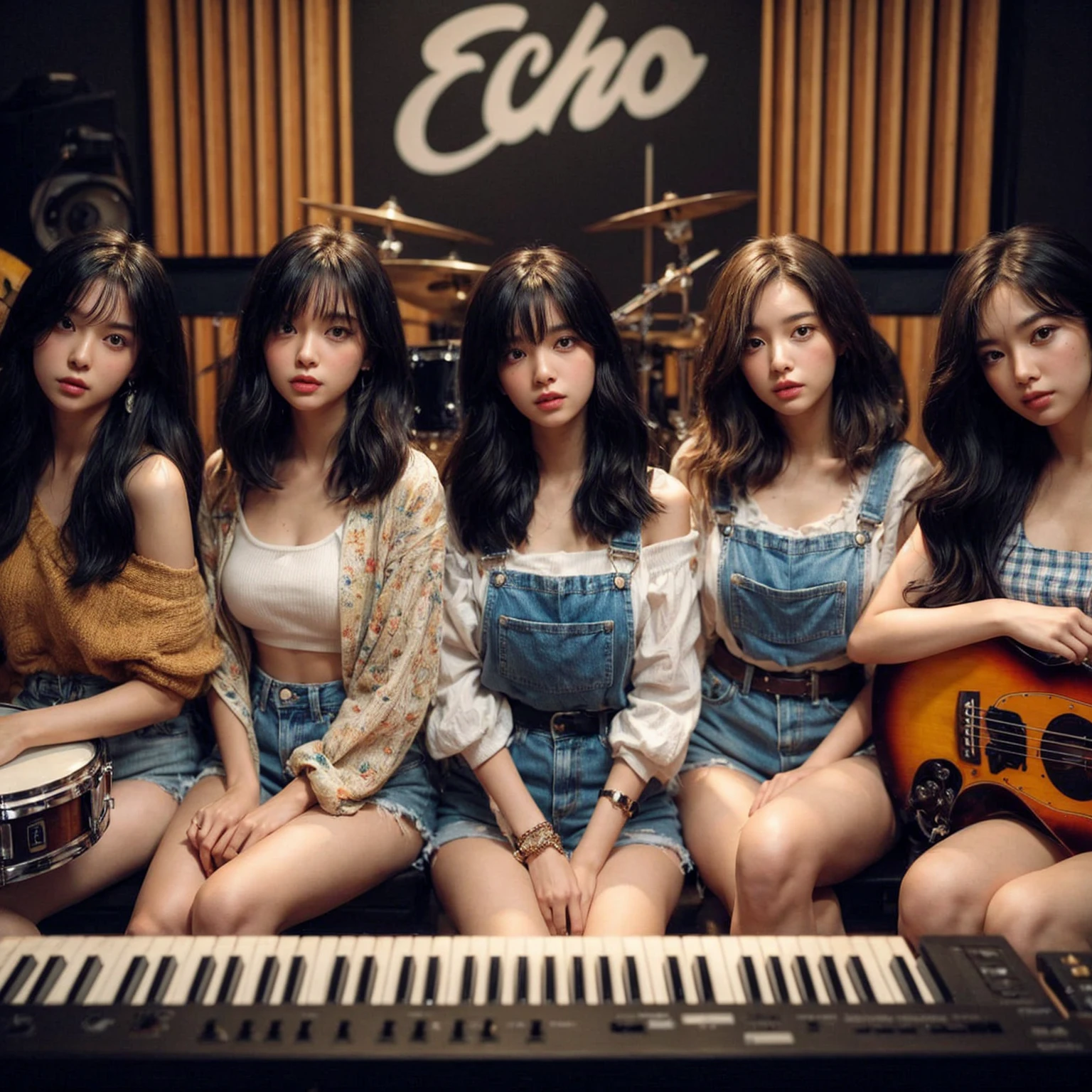 **Photo of 5 beautiful girls, aged 18 to 20, sitting:**
- **3 girls with messy black hair**
- **1 girl with wavy bob black hair**
- **1 girl with a black ponytail**
One girl is playing the drums, one girl is playing the piano, one girl is playing the bass guitar, one girl is playing the guitar, and one girl is singing. They are sitting behind a board with the word "ECHO" written on it. The background is a music studio, complete with drums, guitars, bass guitar, and piano. The image is ultra HD, 4k, photorealistic, raw, and a masterpiece.