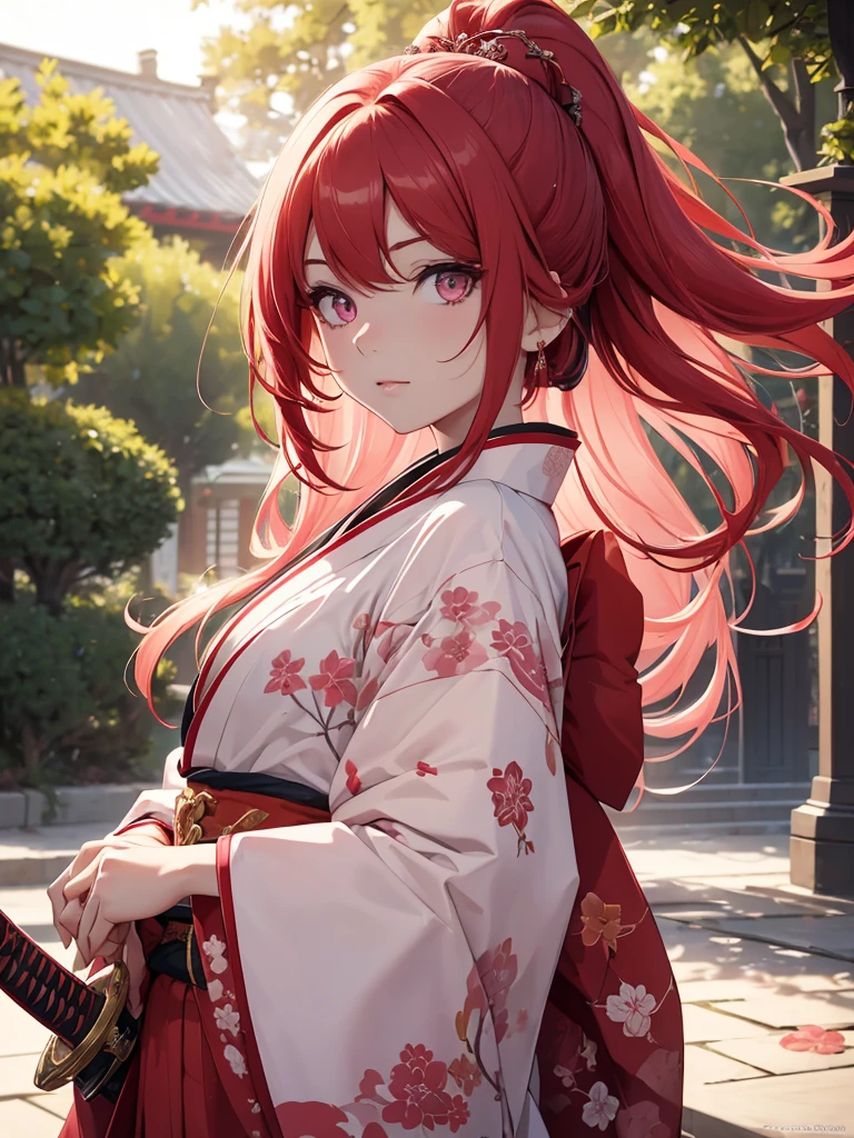 (8K, Best Quality, Masterpiece, Ultra High Resolution) 1 Girl, Beautiful Eyes, Face Details, Long Red Hair, Pink Eyes, Pale Skin, Wearing Red Kimono, Pink Details, Holding Katana Standing Outside, Best Quality, Upper Body, Looking at the Viewer, Facing Viewer, Close Up
