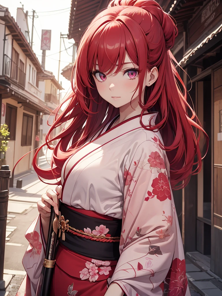 (8K, Best Quality, Masterpiece, Ultra High Resolution) 1 Girl, Beautiful Eyes, Face Details, Long Red Hair, Pink Eyes, Pale Skin, Wearing Red Kimono, Pink Details, Holding Katana Standing Outside, Best Quality, Upper Body, Looking at the Viewer, Facing Viewer, Close Up