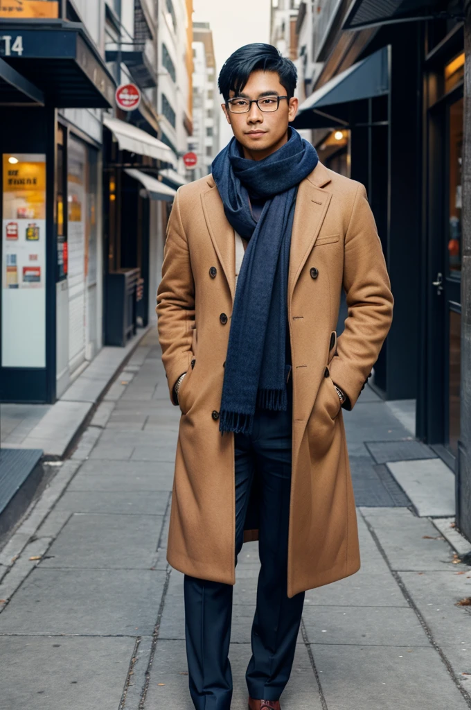 "An asian man with glasses, wearing a camel coat and a navy blue scarf, standing on a city street."