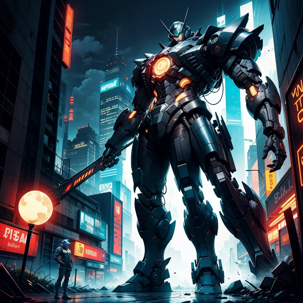 ((best quality)), ((masterpiece)), (detailed), the boy,(1 boy), off-shoulder sweater,((He stands beside a colossal mecha, towering over him))A man clad in full-body cyber armor stands tall and imposing. His suit, sleek and futuristic, gleams under the artificial lights. The armor, a perfect blend of matte black and glowing neon blue accents, covers him from head to toe, with intricate circuitry patterns visible on the surface. His helmet features a reflective visor, hiding his face, and small holographic displays project vital information around his head.

He stands beside a colossal mecha, towering over him. The mecha, a marvel of advanced engineering, has a sturdy, battle-worn exterior with massive limbs and an array of weaponry. Its metallic surface is a patchwork of dark steel and illuminated panels, exuding an aura of immense power. The mecha’s eyes, two glowing orbs, seem almost sentient as they scan the surroundings.

In the background, the environment is a high-tech, industrial landscape, with towering skyscrapers and neon signs casting a myriad of colors across the scene. The atmosphere is charged with anticipation, as if a significant event is about to unfold.