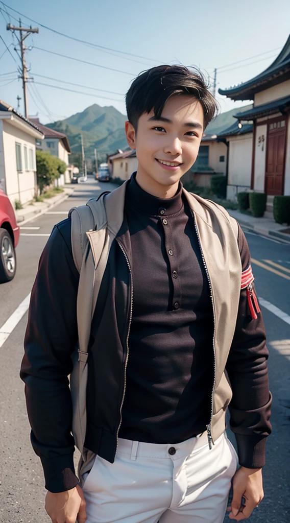 Masterpiece, best quality best, 1 young man, Asian man, East Asian people, one person, The muscles are in good proportion., Posing obscenely, short hair details,smile, white teeth, jacket set, road background, Realistic style,photography,Can be seen from the front, see viewers