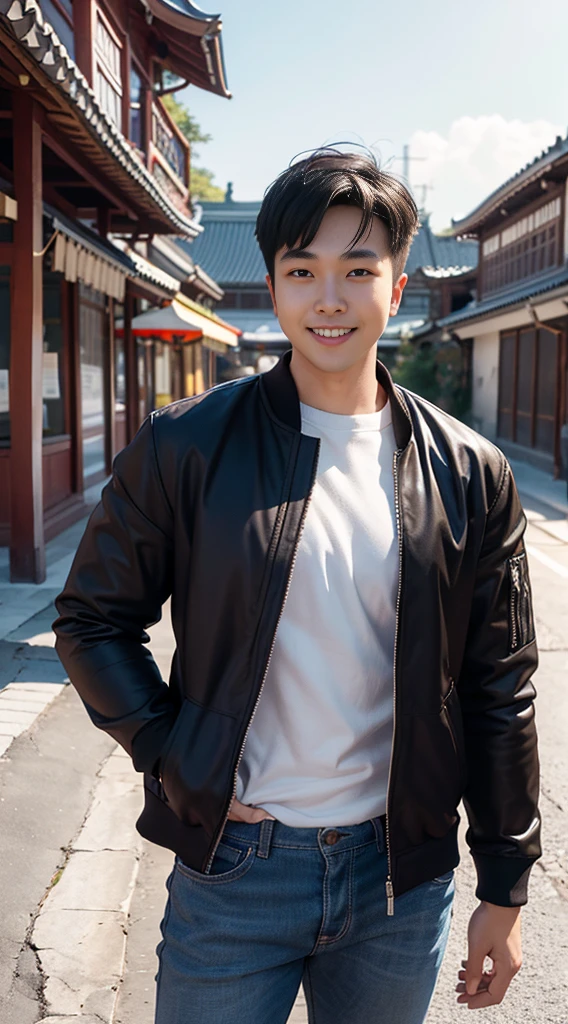 Masterpiece, best quality best, ****ung man, Asian man, East Asian people, one person, The muscles are in good proportion., Posing obscenely, short hair details，smile, white teeth, jacket set, road background, Realistic style，photography，Can be seen from the front, see viewers