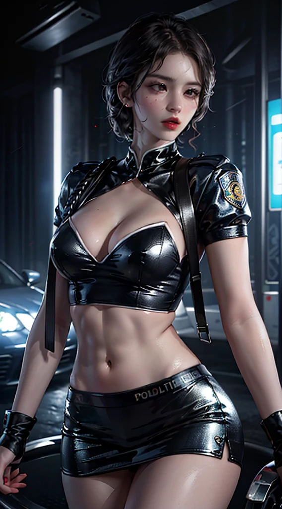 (RAW photo, 4k, masterpiece, high resolution, extremely complex) (realistic: 1.3), cinematic lighting Delicate girl with facial features, oversized, sexy body, protruding and upturned 1 female policeman blue police uniform uniform black wrapped short skirt, handsome action with batons, night scene, movie shot, white skin, panoramic police car next to it