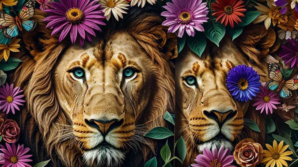 contemporary art collage, lion head,Colorful flowers, some smart insects, painted, super detailed, full color, bright colors, 8K, actual