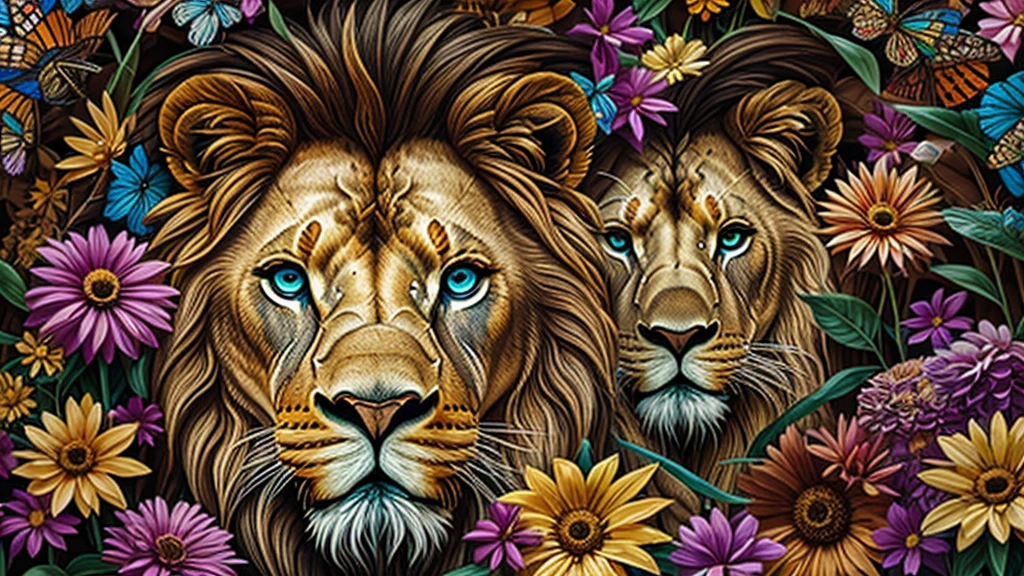 contemporary art collage, lion head,Colorful flowers, some smart insects, painted, super detailed, full color, bright colors, 8K, actual