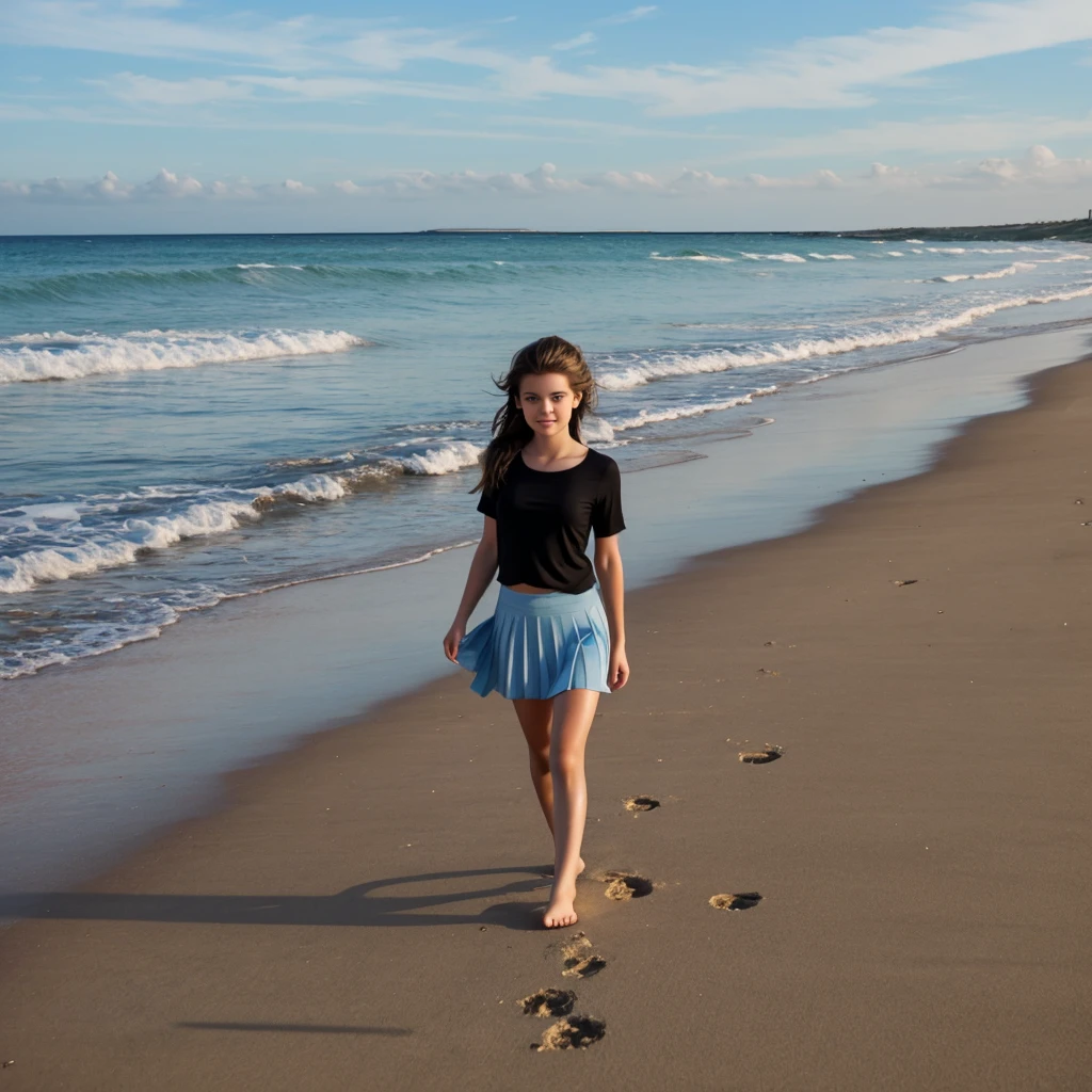 Beautiful 16-year-old girl in a top and skirt with bare feet walking on the beach