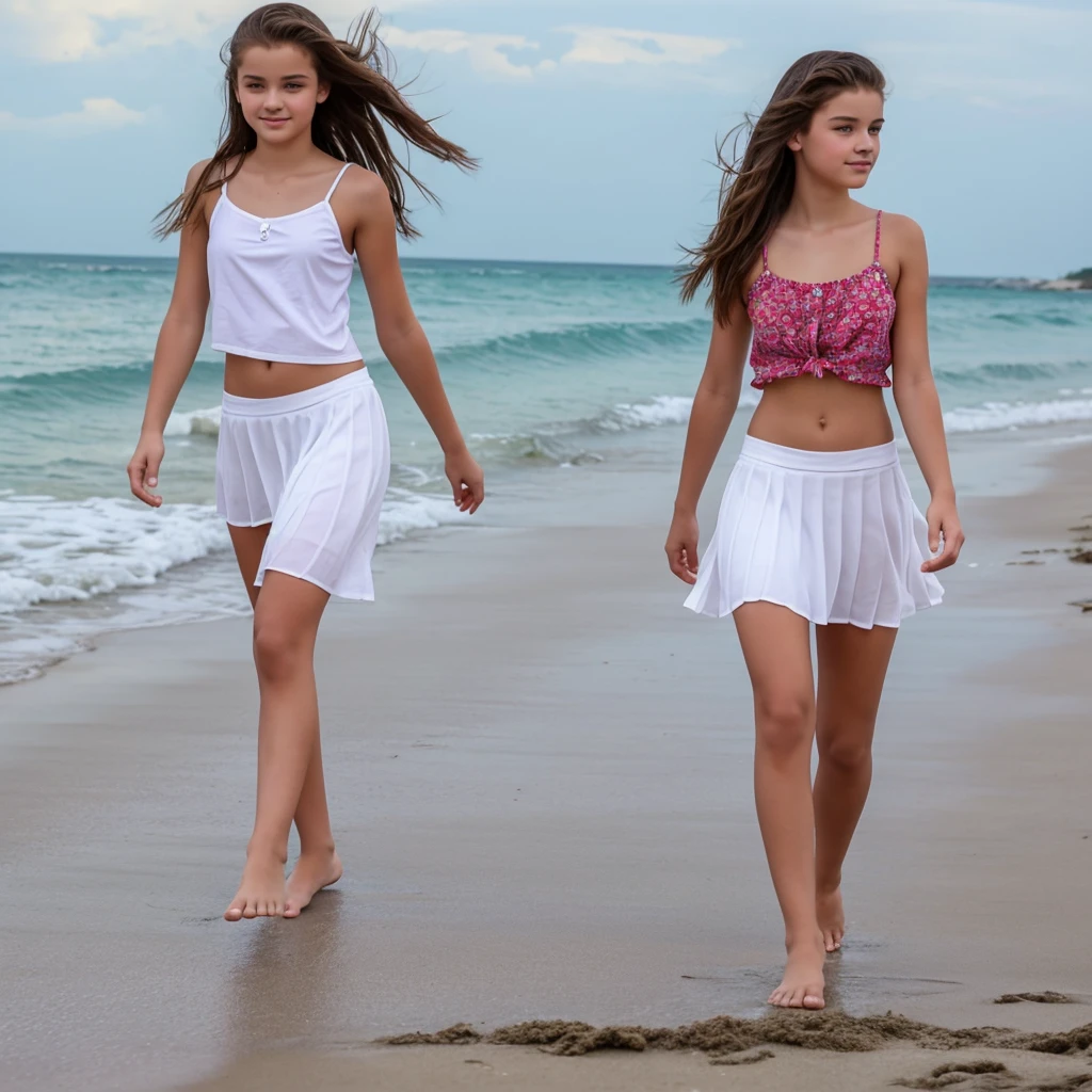 Beautiful 16-year-old girl in a top and skirt with bare feet walking on the beach