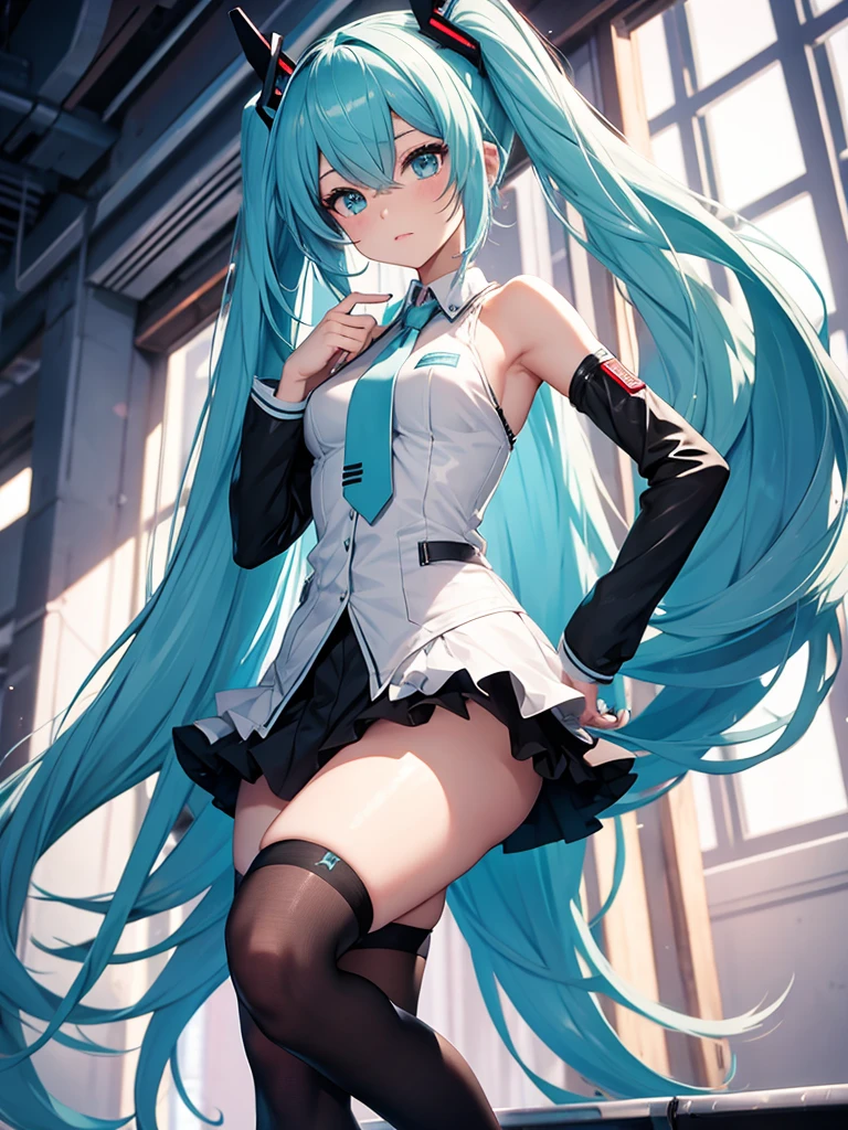 Hot Hatsune Miku, mini skirt, very cute, very shame, white hair