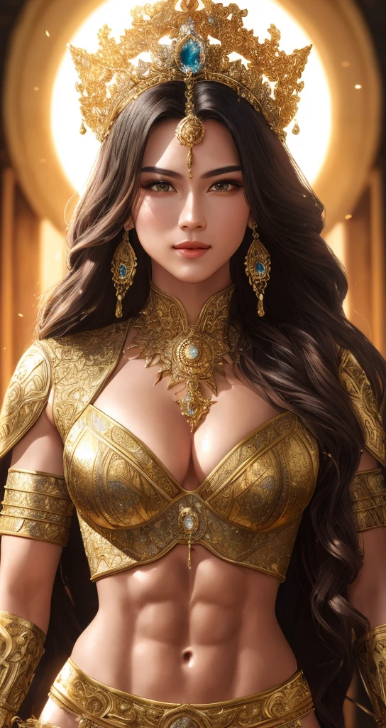 best quality, masterpiece, highres, photo realistic, ultra realistic, sun tyndall effect,photorealistic, dark studio, rim lighting, tone lighting,(high detailed skin:), 8k uhd, dslr, soft lighting, high quality, volumetric lighting, candid, photograph, high resolution, 4k, 8k, bokeh, ultra realistic 8k cg, (epic:, perfect artwork, masterpiece, ancient dynasty, medieval, fantasy), (((detailed background))), 25yo queen muscular fresh model , shredded,(A stunning God-like beauty), (striking facial features, detailed hair) dynamic angle, amazing stunningly beautiful, sitting, wavy shiny hair, golden wet skin shining, full body portrait, glamour, perfect soft curves, perfect body, perfect , full wet lips, perfect extremely detailed abs, ultra realistic, sun