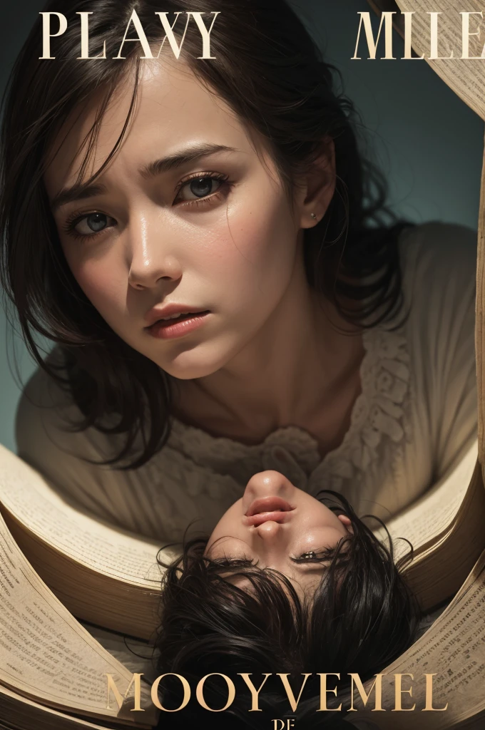 Old book cover style. Play a woman whose face cannot be seen falling into an abyss