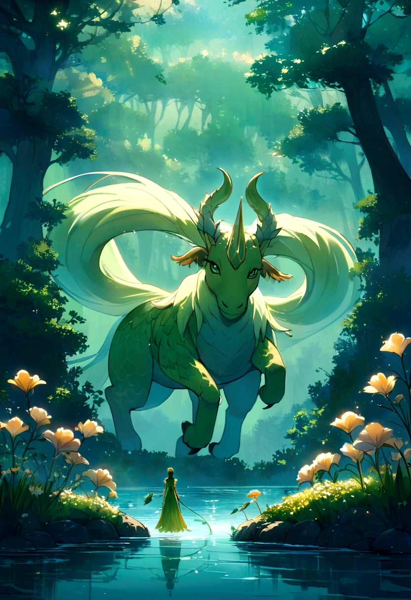 A vast and mysterious lake deep in a magical forest, bathed in the soft light of dawn. in the center of the lake, an imposing aquatic creature emerges: a hippocampus with shiny scales and manes made of glistening algae. On the banks of the lake, luminous fairies dance over giant flowers and centaurs guard the forest, with their golden spears and watchful looks. The atmosphere is charming and serene, with a morning mist that creates an aura of mystery and fantasy