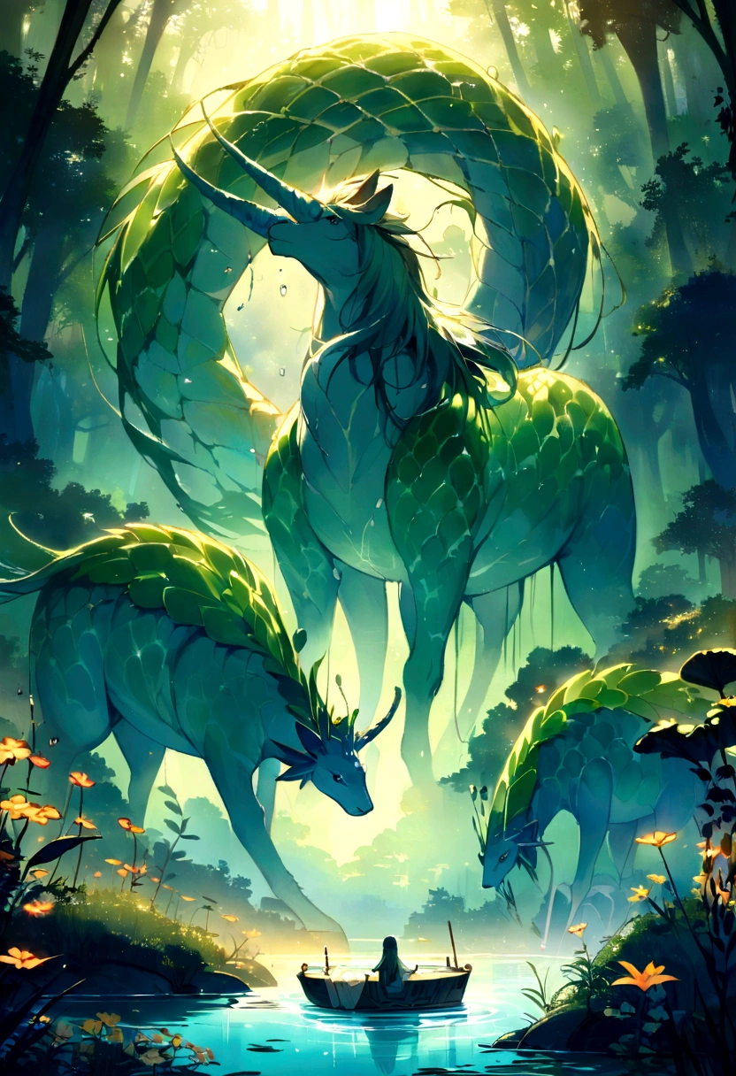 A vast and mysterious lake deep in a magical forest, bathed in the soft light of dawn. in the center of the lake, an imposing aquatic creature emerges: a hippocampus with shiny scales and manes made of glistening algae. On the banks of the lake, luminous fairies dance over giant flowers and centaurs guard the forest, with their golden spears and watchful looks. The atmosphere is charming and serene, with a morning mist that creates an aura of mystery and fantasy