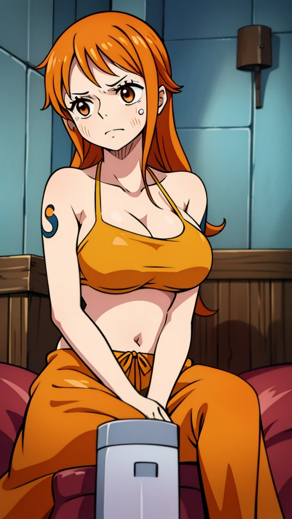 Cute girls,round brown eyes、orange hair color、without bra、Medium to long straight hairstyle,Windmill tattoo on left shoulder、((hugeboobs,facial sweating,facial flushing,facial flushing,In a rental house,sitting on the couch,evening,it was raining outside,Being red in the face,Upper body is wet.,half soaked),In a micro bikini