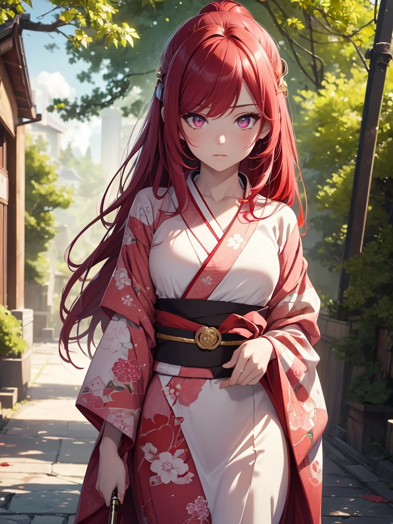(8K, Best Quality, Masterpiece, Ultra High Resolution) 1 Girl, Beautiful Eyes, Face Details, Long Red Hair, Pink Eyes, Pale Skin, Wearing Red Kimono, Pink Details, Holding Katana Standing Outside, Best Quality, Upper Body, Looking at the Viewer, Facing Viewer, Close Up