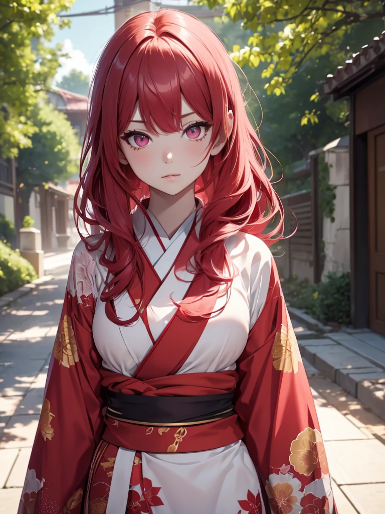 (8K, Best Quality, Masterpiece, Ultra High Resolution) 1 Girl, Beautiful Eyes, Face Details, Long Red Hair, Pink Eyes, Pale Skin, Wearing Red Kimono, Pink Details, Holding Katana Standing Outside, Best Quality, Upper Body, Looking at the Viewer, Facing Viewer, Close Up