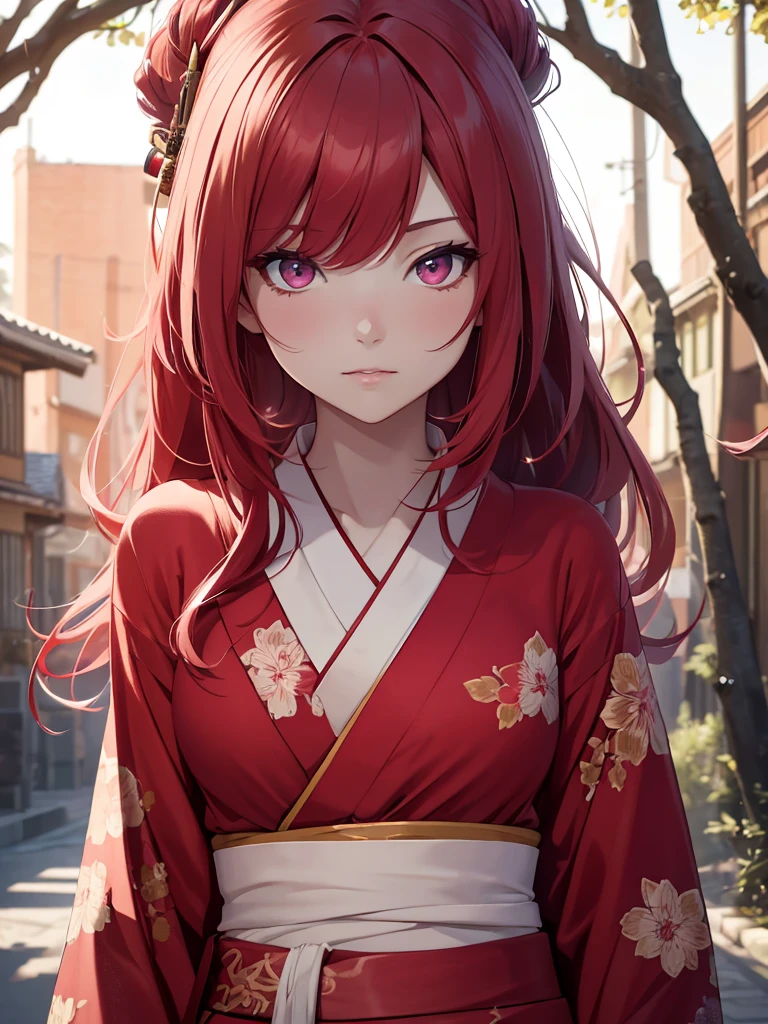(8K, Best Quality, Masterpiece, Ultra High Resolution) 1 Girl, Beautiful Eyes, Face Details, Long Red Hair, Pink Eyes, Pale Skin, Wearing Red Kimono, Pink Details, Holding Katana Standing Outside, Best Quality, Upper Body, Looking at the Viewer, Facing Viewer, Close Up