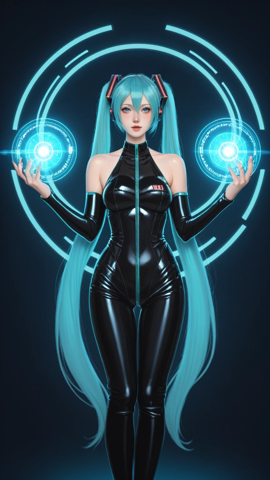 score_9, score_8_up, score_7_up, BREAK,
In a futuristic sci-fi setting, behold the enchanting figure of a single girl, embodying the essence of Hatsune Miku. Her eyes glow with an otherworldly light, reflecting a fusion of technology and artistry. Draped in a sleek, plasma-tech outfit, she exudes a sense of advanced sophistication. The outfit is adorned with intricate plasma filaments, weaving a pattern of light and energy across her form. Her skin appears to be composed of vibrant, colored plasma, pulsating with an ethereal glow.