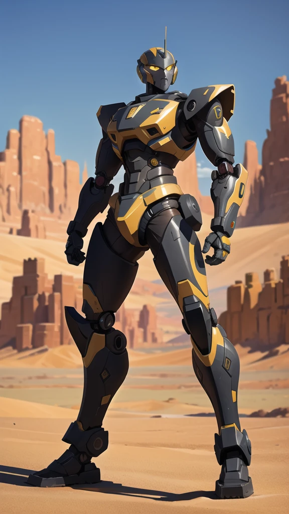 Full body war robot with yellow eyes and ruined background. Desert