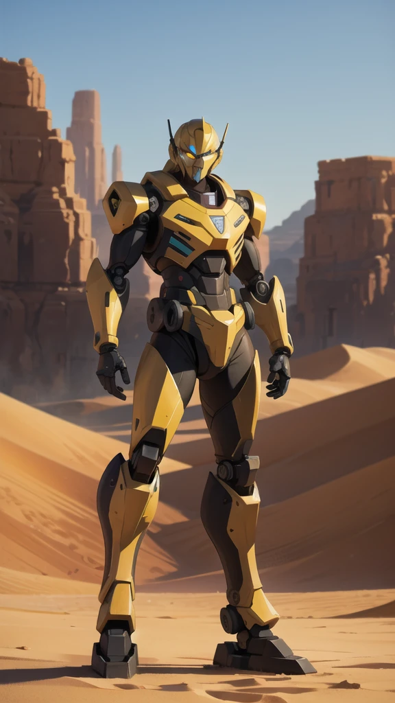 Full body war robot with yellow eyes and ruined background. Desert