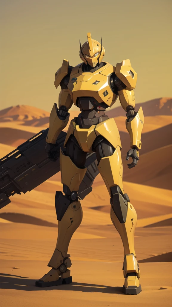Full body war robot with yellow eyes and ruined background. Desert