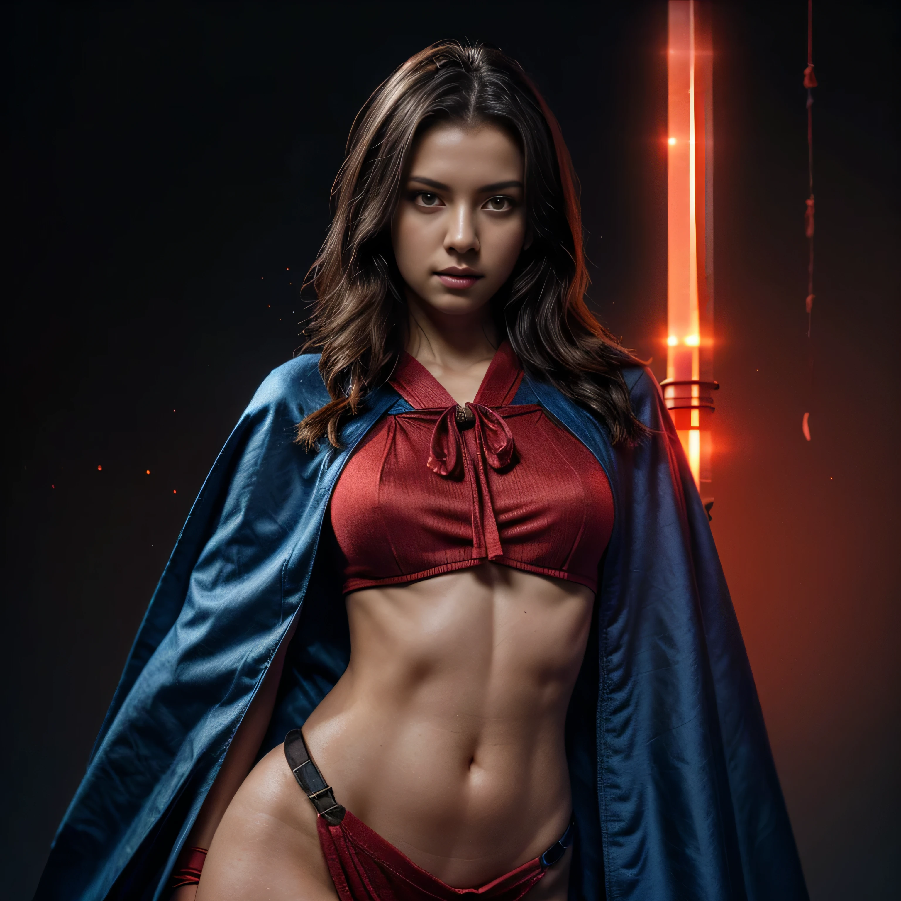 Super Realistic, Hyper Realistic, Super Detailed, soft light, (cybersamurai, 1girl, ((solo)), wearing blue-red kimono, hips up, cape, glowing beautiful red eyes, glow:1.3) (glowing simple black background:1.2),