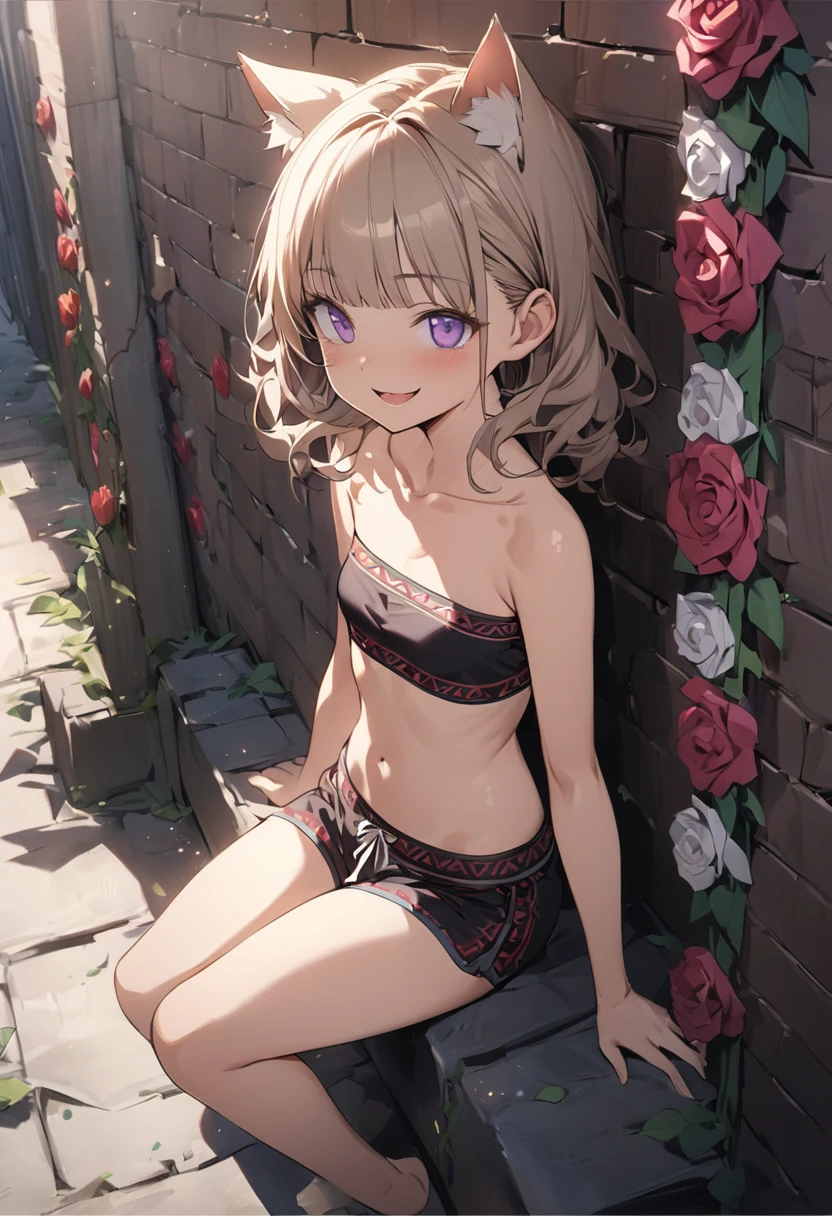 ((Masterpiece)), ((best quality)), (Anime:1.3), (super detail:1.2),(High Definition:1.3), (Professional Photography:1.2), (wide shot), cinematic lighting, (sharp focus), (perfect light), ((1girl)), (()), (full body), looking up, messy medium hair, Beautiful collarbone, ((Embroidered Tribal black tubutop)), strapless, (bare arms), cute navel, (Tribal boxer shorts), (Healthy slim body), (loose blunt bangs), Slender body, glossy skin, (naughty smile), open mouth, ((Beautiful purple eyes)), Textured skin, (Cat ears), (Pale brown hair), Cute Beautiful Girl, (slightly exposed medium breast), BREAK, ((best quality)), (full body), ((1girl)), loose sitting against the Brick wall with roses, (Wall with graffiti art of roses), (sharp focus), (perfect light),