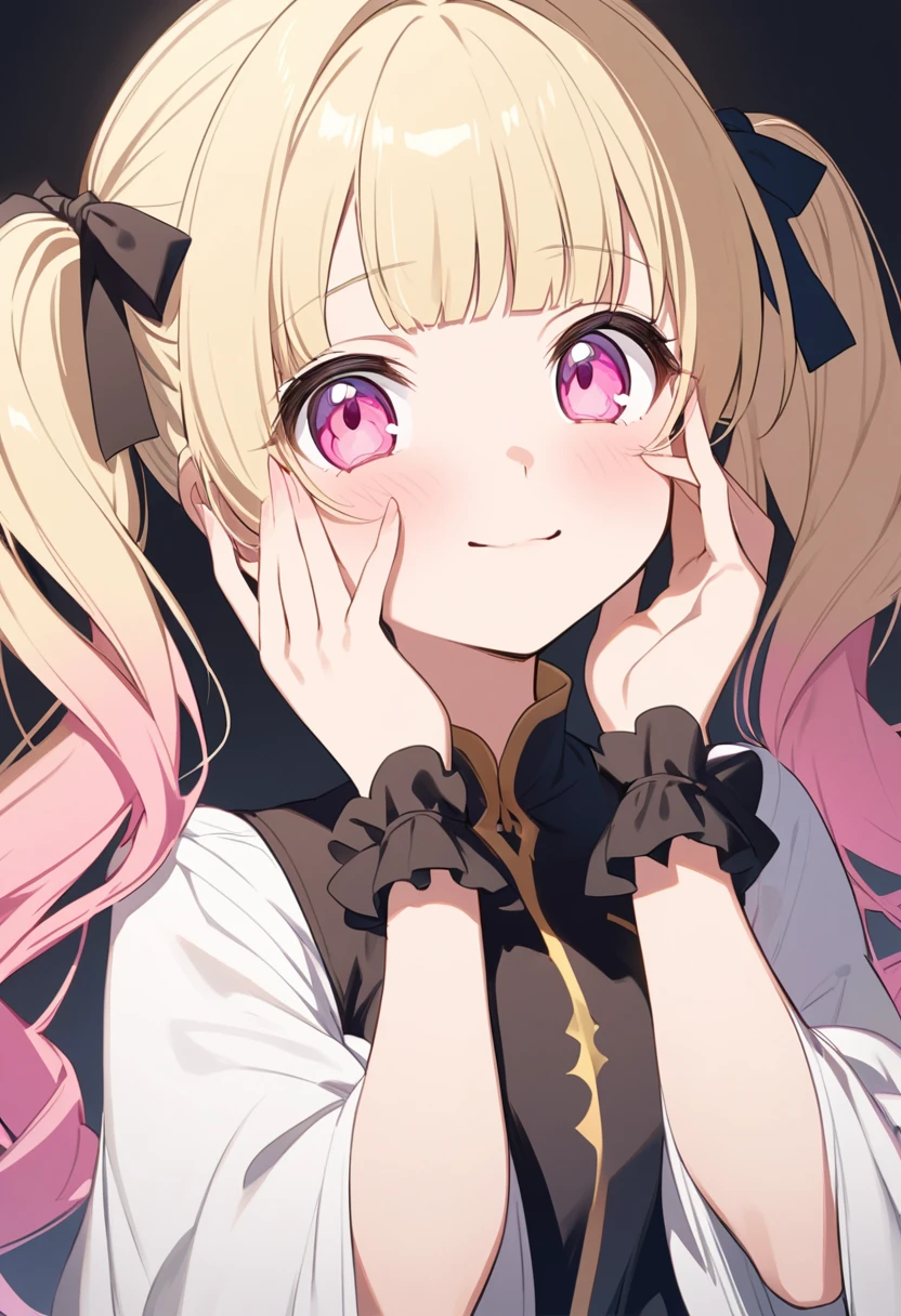 A young anime girl with long, wavy blonde hair tied in twin tails with pink gradient tips and pink eyes. Her bangs are long and straight, framing her face.