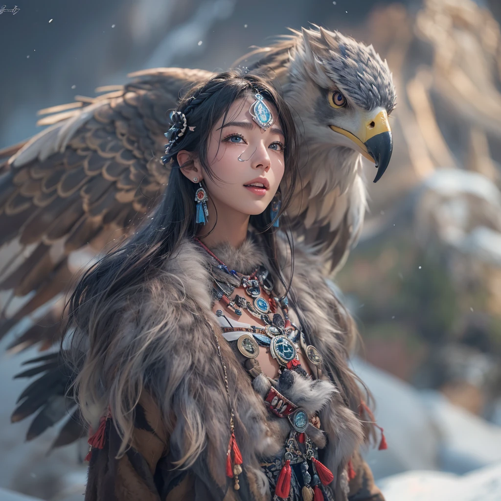 Hiding in the snowy mountains、Hair flow、 ((Highest quality、masterpiece、8K、Best image quality、Ultra-high resolution、Award-winning works)、(Accurate anatomy:1.1)、(Look at me and smile:1.1)、Shining fair skin with Ultra-high resolution、The most detailed face、Ultra-high resolution detailed face、Ultra-high resolutionの髪の毛、(Ultra-high resolutionの煌めく瞳:1.1)、Beautiful face drawn in every detail、(Blurred Background:1.1)、Ancient Inuit clothing, Chest to chest, tattoo, Old ruins in the background、Apart from the real giant eagle