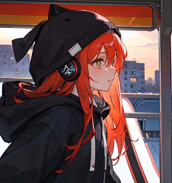 (masterpiece, sidelighting, ultra-detailed, finely detailed beautiful eyes: 1.2), 1girl, bag, building, from side, headphones, hood, hood down, hooded jacket, hoodie, jacket, long hair, orange hair, profile, red hair, solo, train, train interior, upper body, Masterpiece, best quality