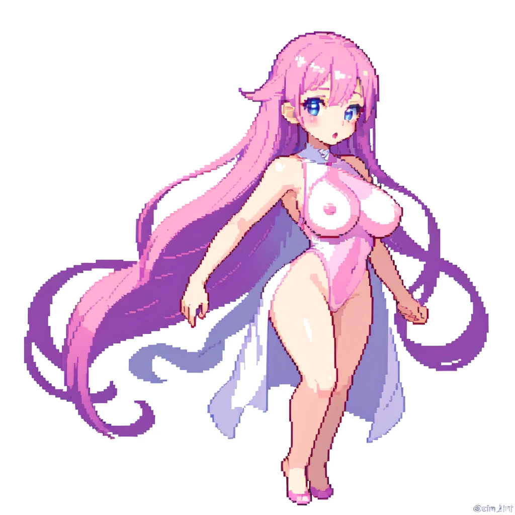 masterpiece , best quality , pixel art , nsfw , 1 girl , solo , fantasy clothes , upper body , white background , heroine , deformed , junior , sexy , chibi , Highly Exposed , angel , pink clothes , bbw