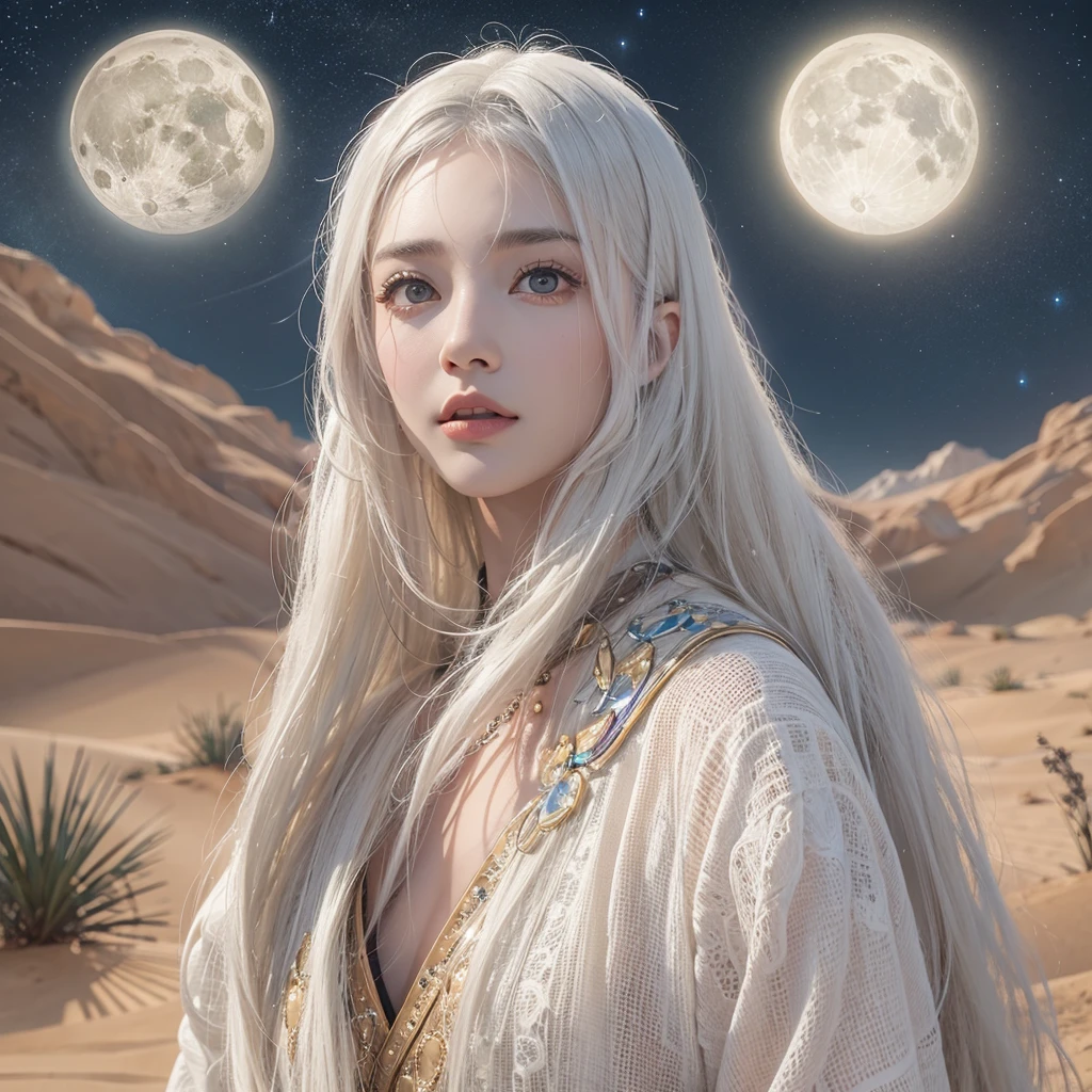 (Highest quality、masterpiece、8K、Best image quality、Ultra-high resolution、Award-winning works)、A beautiful white-haired woman watches over us from afar in the desert....., Where the moonlight shines.、Ancient Islamic clothing、Beautiful face drawn in every detail