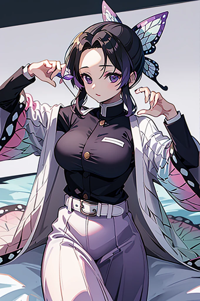 (masterpiece:1.3), (best quality:1.1), (8k, ultra detailed, ultra high res:1.2), ((anime style)), perfect 5 fingers, perfect anatomy,
1girl,
Shinobu Kochou,
BREAK long hair, wavy hair,
black hair, hair intakes, gradient hair,
purple eyes, bow in hair,
(large breasts:0.9),
BREAK black shirt, black tethered pants, white haori, looking at viewer,
BREAK cowboy shot, perfect light, background of indoor, on the bed, wariza,