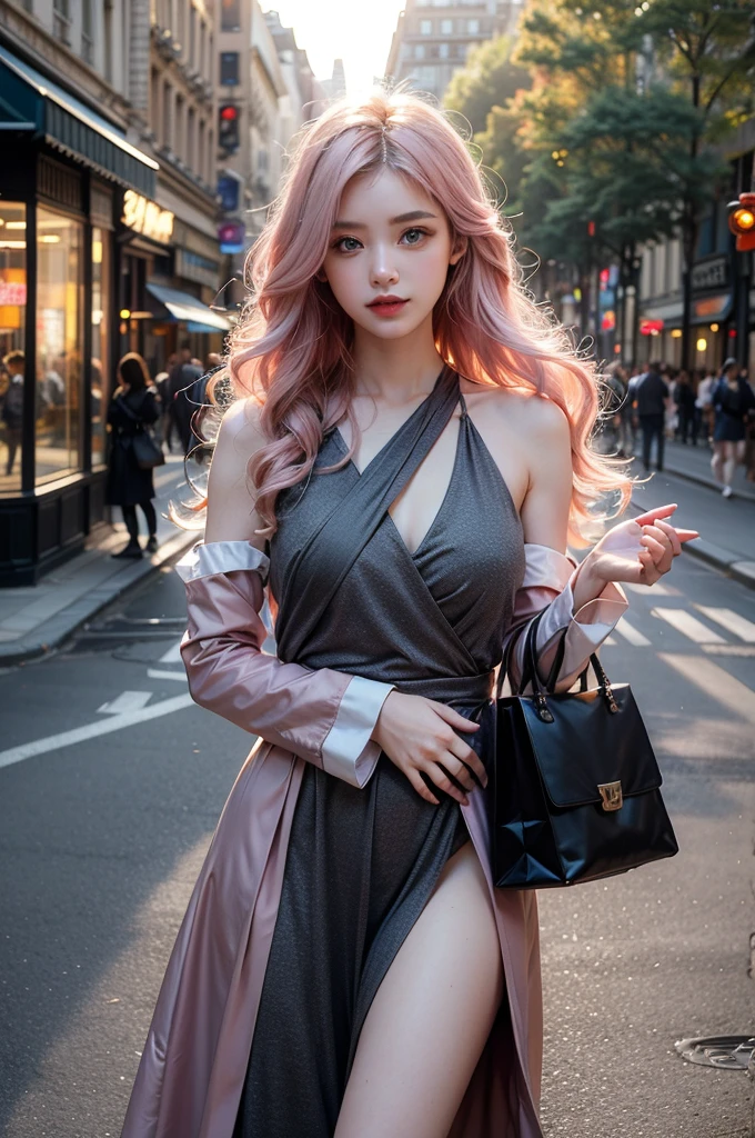 Light pink hair, blue eyes, Champs Elysees, Vibrant colors, steampunk Costumes、 Sunset behind, Ray Tracing, Wavy long hair、shopping