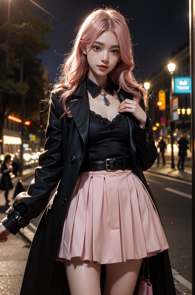 Light pink hair, blue eyes,  Champs Elysees, Vibrant colors, steampunk　Costumes、 Sunset behind, Ray Tracing, Wavy long hair、shopping