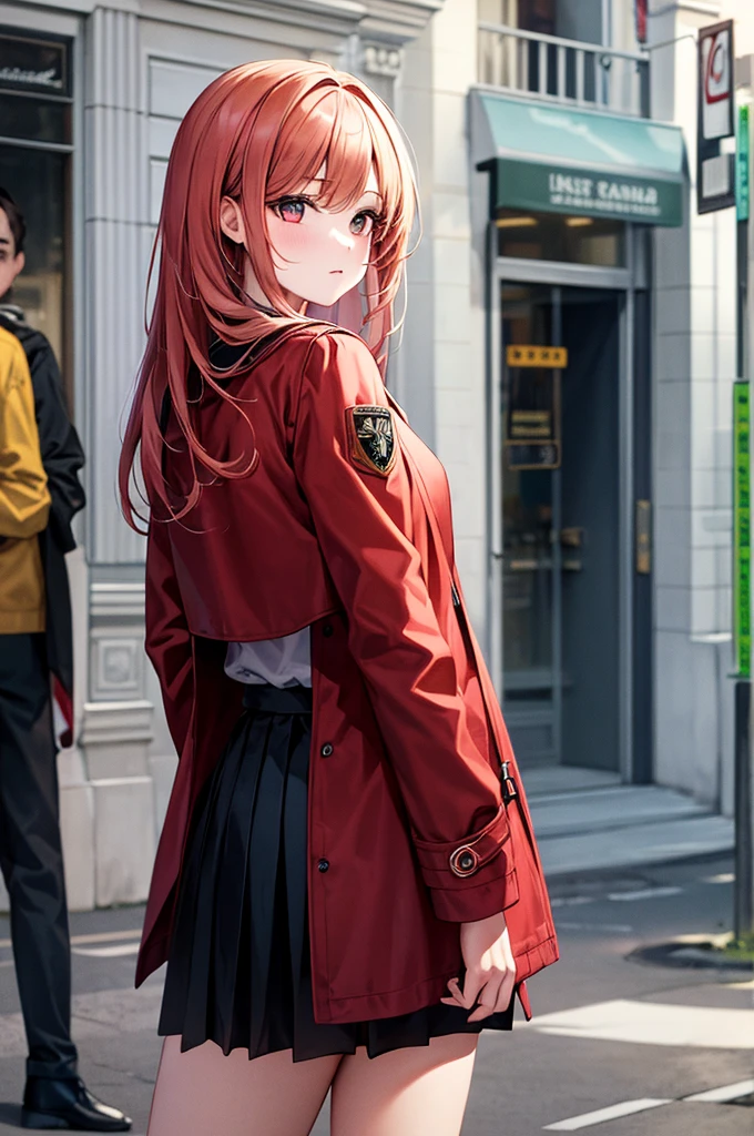 High resolution,masterpiece,Highest quality,Very detailed,Browsing Caution,One girl,city, street,Put your arms behind your back, Black Skirt, Red coat, Eye focus,