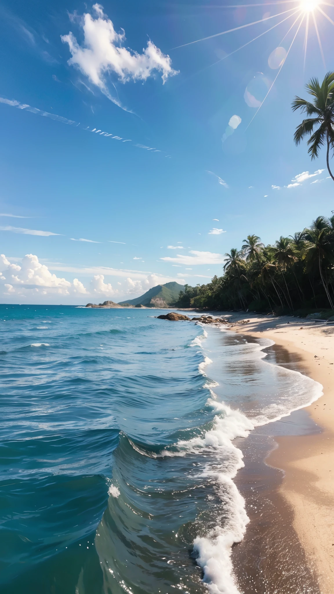 (Highest quality,masterpiece:1.3,Ultra-high resolution),(Super detailed,Caustics,8K), (Photorealistic:1.4, RAW shooting),The sea sparkling with reflected light,Blue sky,White cloud,Tropical Island,Palm tree,sun,Natural light,Low position,Low - Angle