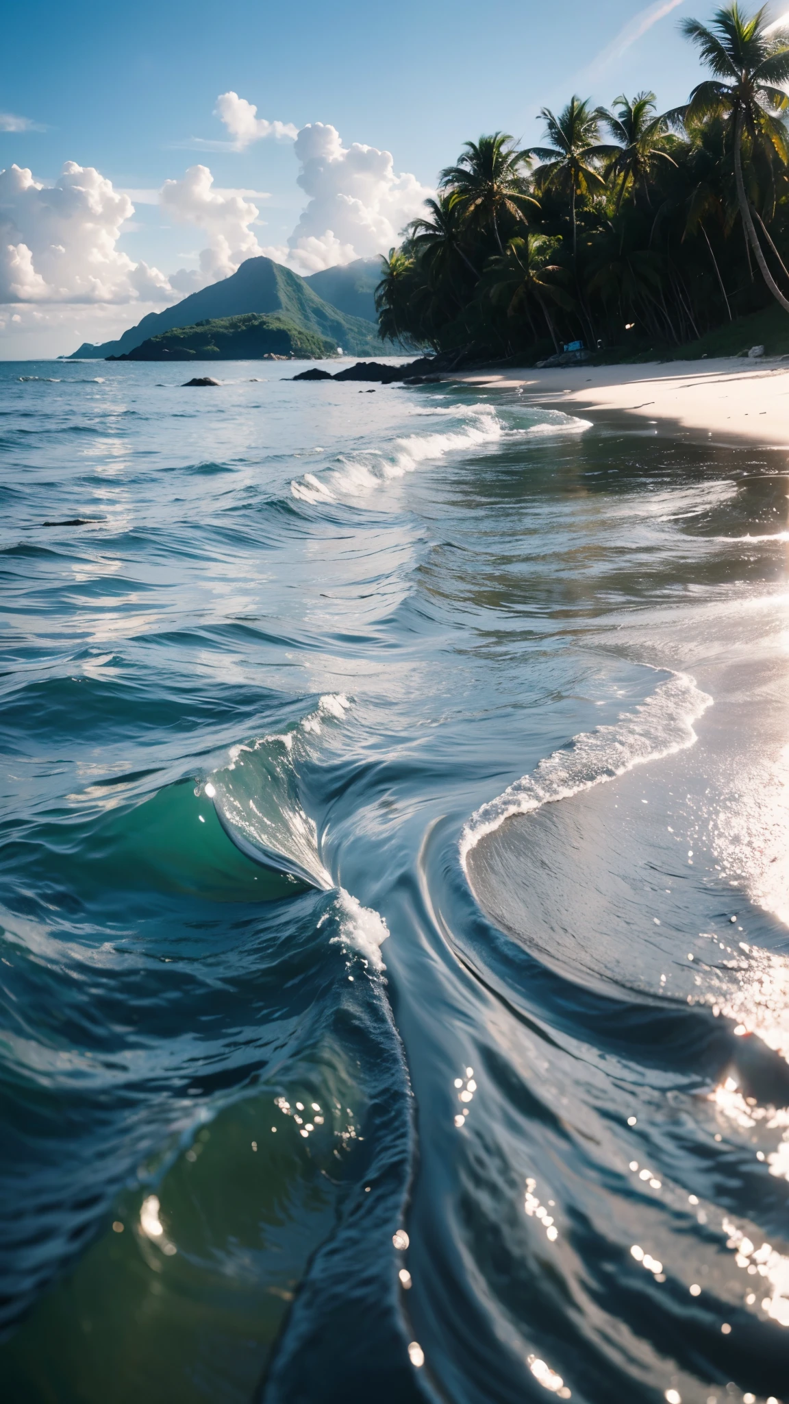 (Highest quality,masterpiece:1.3,Ultra-high resolution),(Super detailed,Caustics,8K), (Photorealistic:1.4, RAW shooting),The sea sparkling with reflected light,Blue sky,White cloud,Tropical Island,Palm tree,sun,Natural light,Low position,Low - Angle