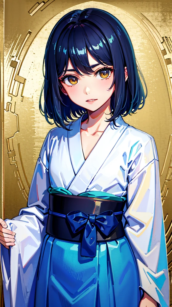 (highest quality:1.2), Very detailed, digital coloring, High Contrast, (masterpiece:1.2), highest quality, Best aesthetics, wallpaper, (detailed background), japanese background, looking side glance, cowboy shot, dutch angle, a man, male focus, otoko no ko, black shiny, short hair, flat chest, (cold stare), golden yellow eyes, Meticulous Eyelash Details, detailed lip, (beautiful detailed face, beautiful detailed eyes), (hot gaze, Hot, Glossy, Leaking sigh),  white kimono, hakama, traditional Japanese culture