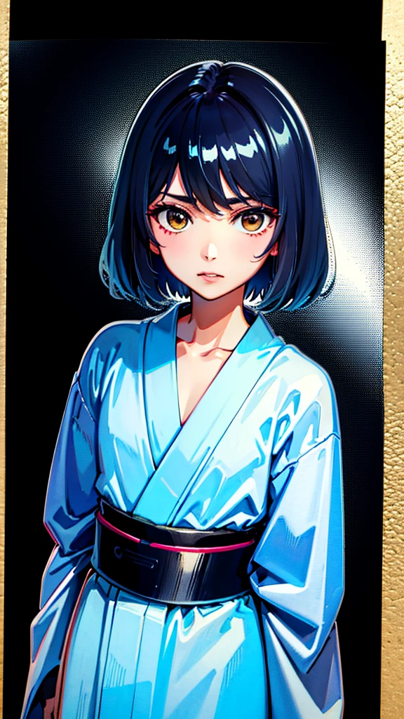 (highest quality:1.2), Very detailed, digital coloring, High Contrast, (masterpiece:1.2), highest quality, Best aesthetics, wallpaper, (detailed background), japanese background, looking side glance, cowboy shot, dutch angle, a man, male focus, otoko no ko, black shiny, short hair, flat chest, (cold stare), golden yellow eyes, Meticulous Eyelash Details, detailed lip, (beautiful detailed face, beautiful detailed eyes), (hot gaze, Hot, Glossy, Leaking sigh), white kimono, hakama, traditional Japanese culture