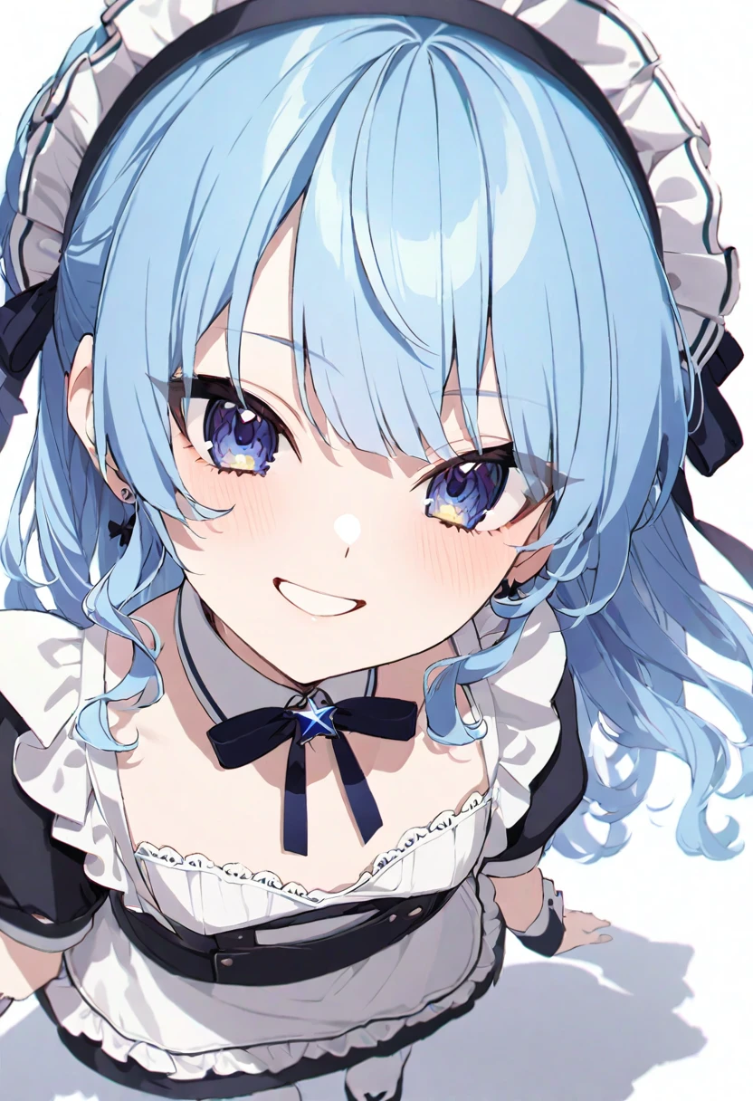 (muste piece), (best quality), very detailed eyes, expressive eyes, perfect face, very detailed face, highly detailed face, beautiful girl, 8K, beautiful girl, white background, delicate and beautiful face and eyes, dark intense shadow, 1 girl, vtuber style, cool girl, hololive, Hoshimachi Suisei, blue hair, maid uiform, small chest, smile, white pantyhose, maid shoes, (full body), standing, 