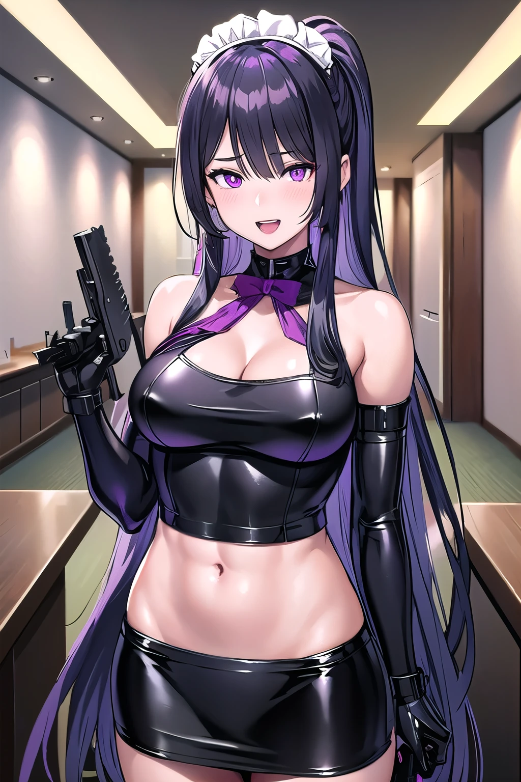 ak15, holding gun, assault rifle, glowing purple eyes, long hair, black hair, blush, lipstick,, jewelry, earrings, complex detailed background, casino environment, fancy interior environment, rich
interior, masterpiece, best quality, highly detailed, a anime girls in maid uniforms with a gun posing for a
picture, maid outfit, cleavage, evil smile, smile, open mouth ,ecchi anime style, anime girls, ecchi style,
ecchi, digital anime art!!, in anime style, official artwork, (nsfw) not safe for work, beautiful anime maid
girl, anime style 4 k, micro skirt, exposed belly, exposed navel, exposed midriff, exposed lower belly,
holding a gun