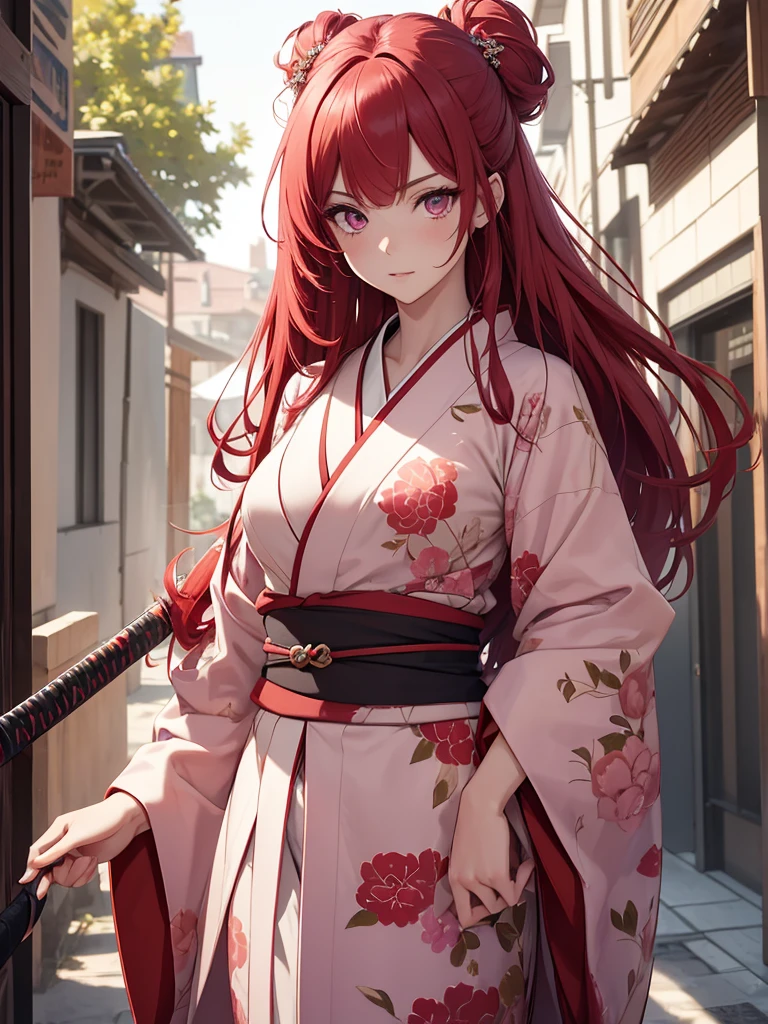 (8K, Best Quality, Masterpiece, Ultra High Resolution) 1 Girl, Beautiful Eyes, Face Details, Long Red Hair, Pink Eyes, Pale Skin, Wearing Red Kimono, Pink Details, Holding Katana Standing Outside, Best Quality, Upper Body, Looking at the Viewer, Facing Viewer, Close Up