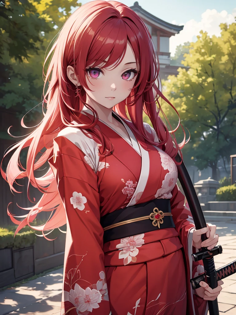 (8K, Best Quality, Masterpiece, Ultra High Resolution) 1 Girl, Beautiful Eyes, Face Details, Long Red Hair, Pink Eyes, Pale Skin, Wearing Red Kimono, Pink Details, Holding Katana Standing Outside, Best Quality, Upper Body, Looking at the Viewer, Facing Viewer, Close Up