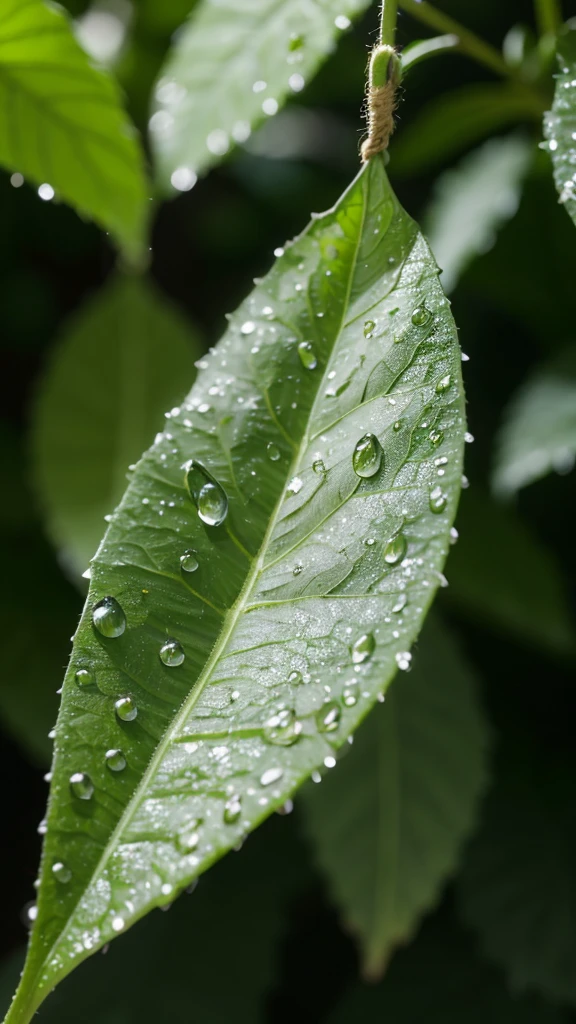 A leaf,Hanging dewdrops,Close Range,dew,reality,Refreshing,Show the details,Clean dark background,Overall dim,Dark