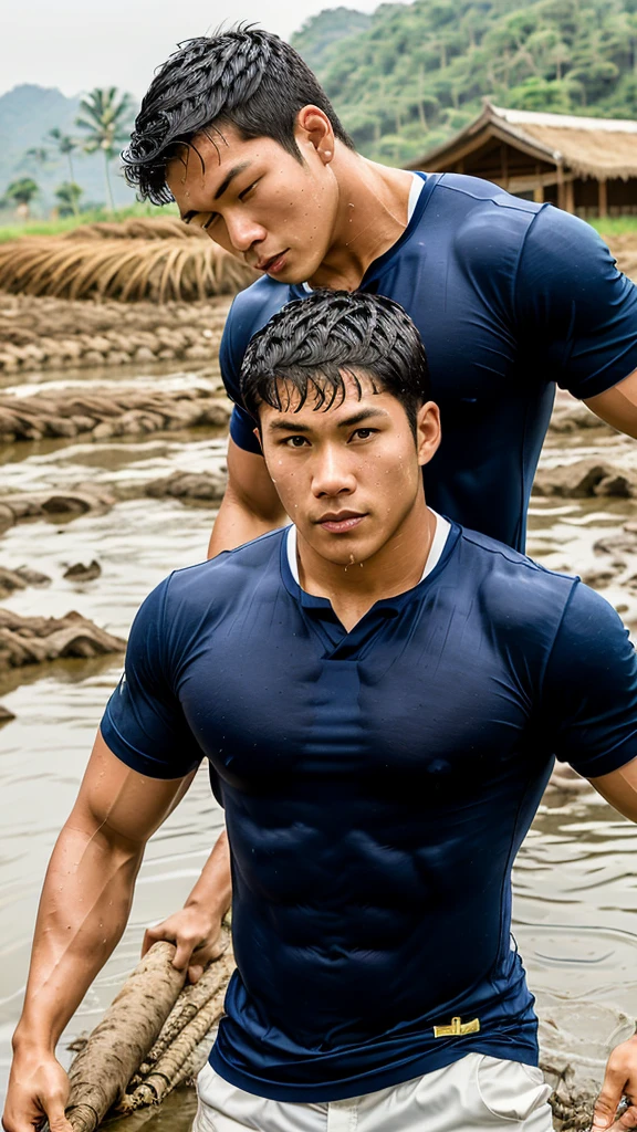 独奏 , 1 person , Image of a handsome Asian rugby player, short hair, no beard, muscular, big muscles, wearing a navy blue round neck t-shirt, wet, outdoors, rice field, countryside, hut, Thailand, Laos, Burma, Asia.